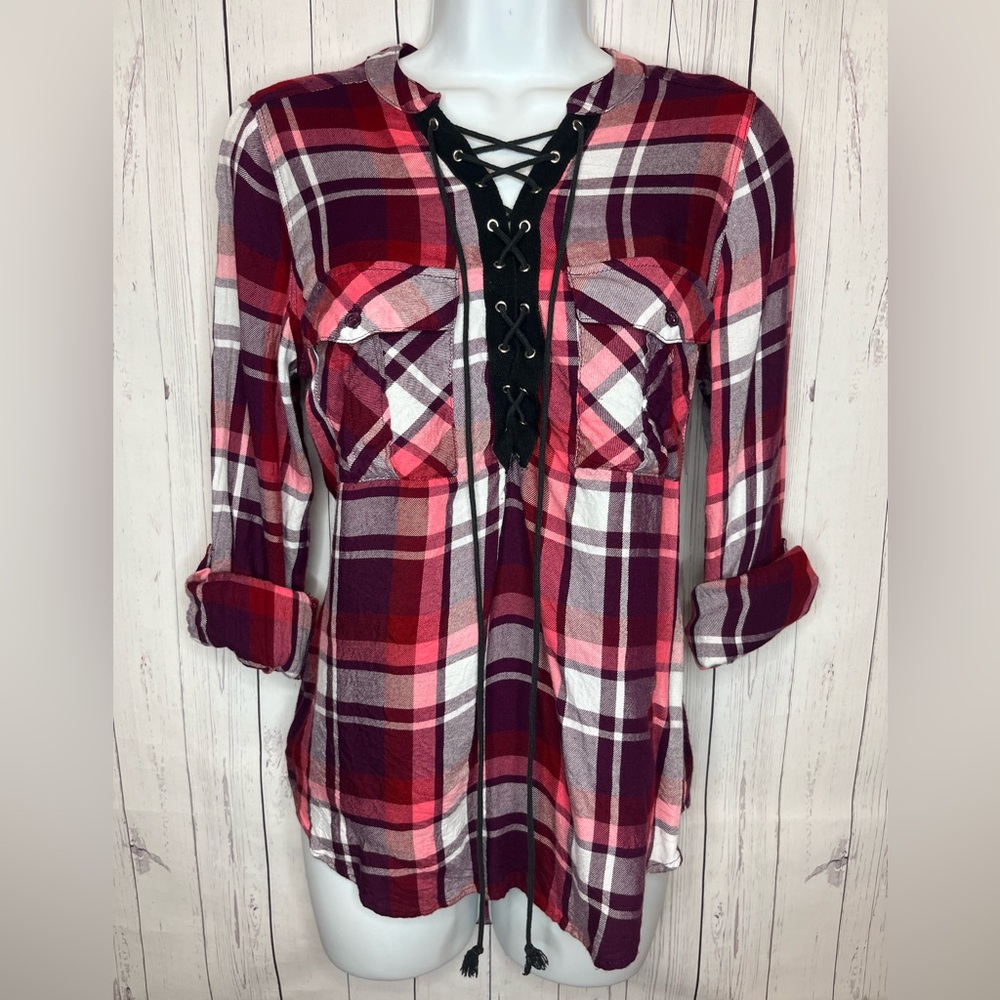 Express Top Women’s Small Maroon Red White Plaid Tie Front Long 3/4 Sleeve Rayon